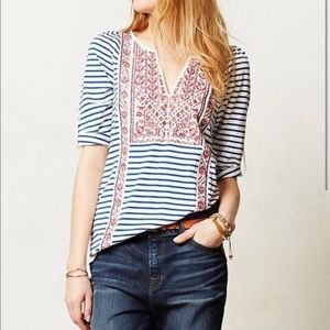 TINY Anthropologie Blue Stripe Embroidered Top